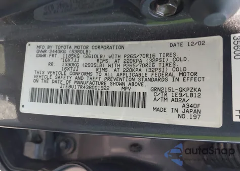 2003 Toyota 4Runner Limited из США, поврежденный, VIN JTEBU17R438001922